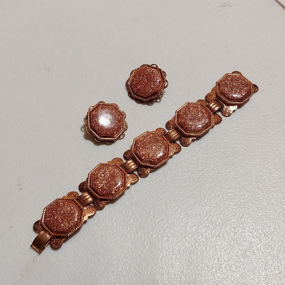 Vintage Semi Parure Bracelet Earrings Set Octagon Faux Sunstone Inlay On Copper